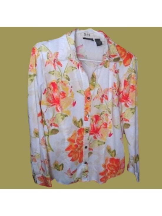 Chico's Tops - Chicos Button Down Shirt Long Sleeve Floral Cream Orange Size Small